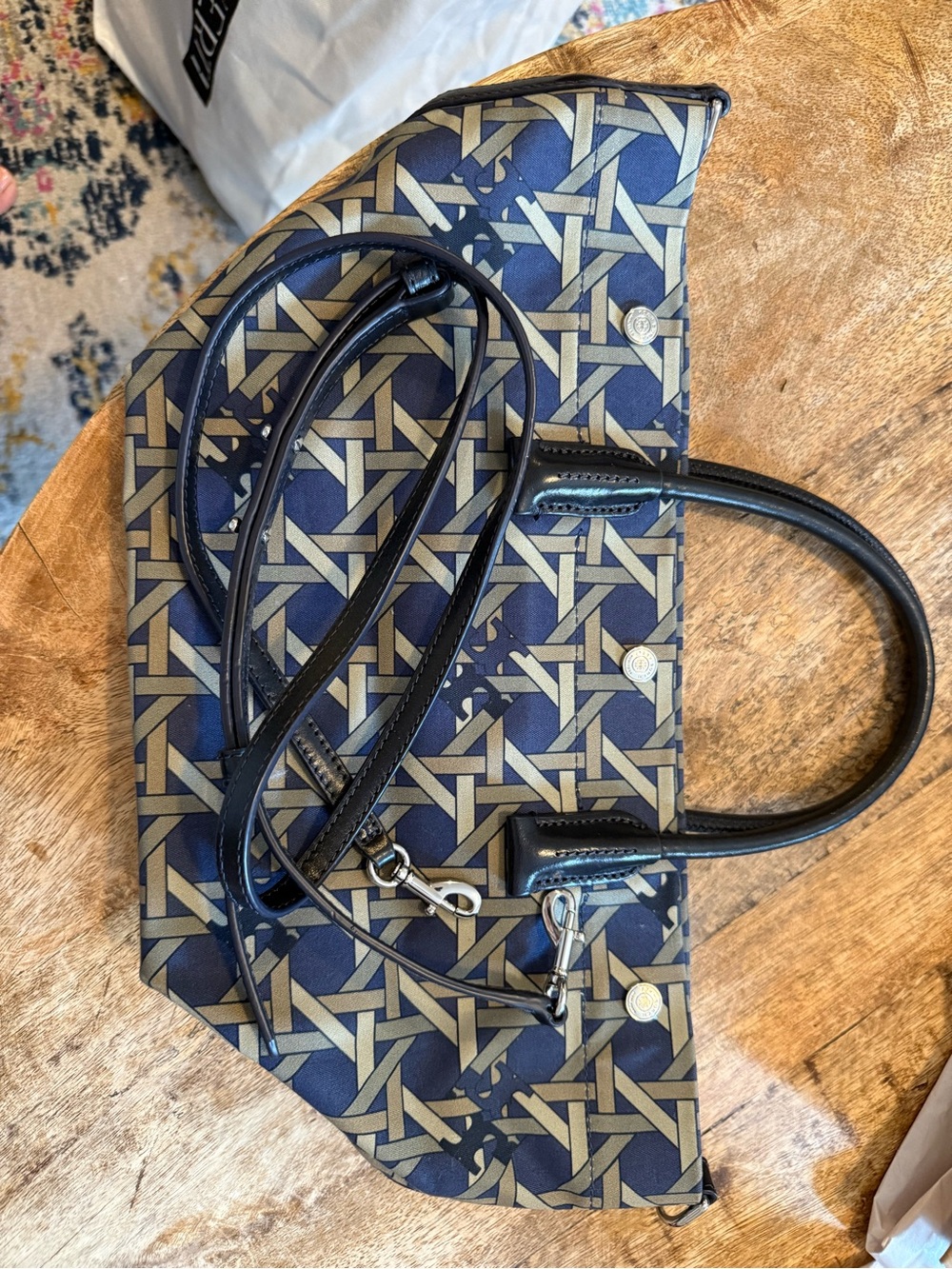 Tory Burch Navy and Tan Geometric Crossbody Tote